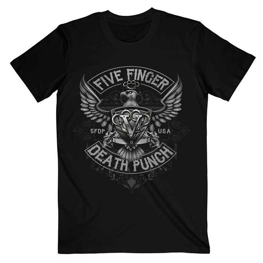 Black t-shirt with a grey eagle and band logo design.