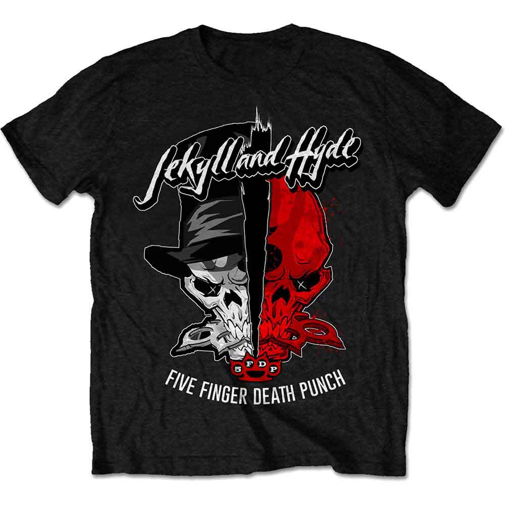 Black t-shirt with split skull graphic and "Five Finger Death Punch" text.