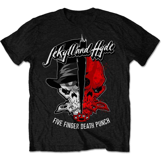 Black t-shirt with split skull graphic and "Five Finger Death Punch" text.