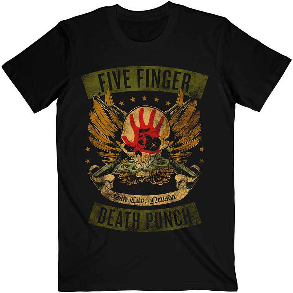 Black t-shirt with skull, wings, and "Five Finger Death Punch" text.