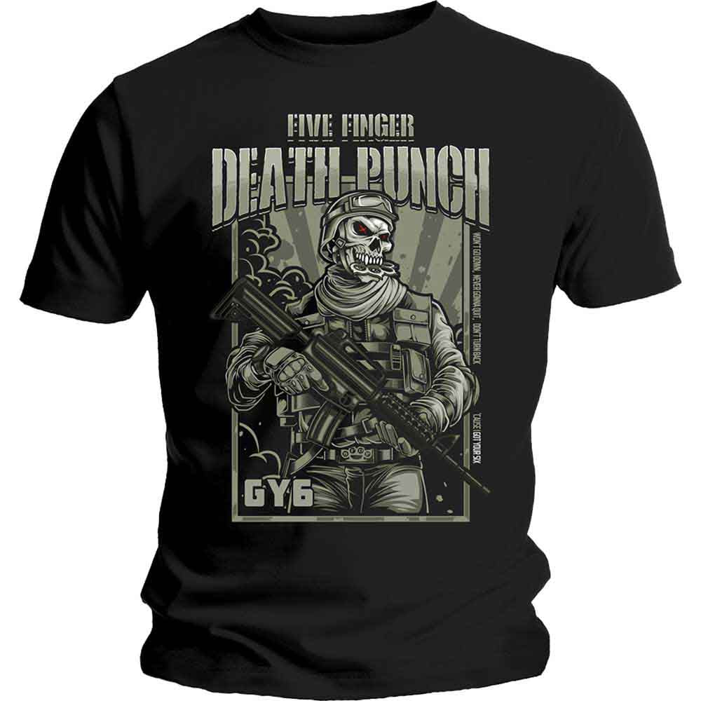 Black t-shirt with Five Finger Death Punch skull soldier graphic.