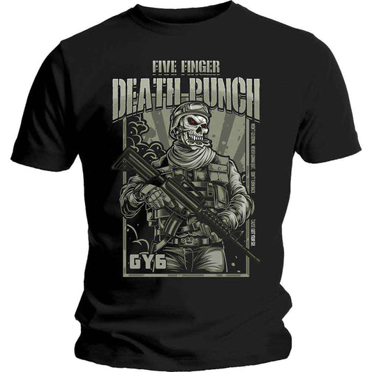 Black t-shirt with Five Finger Death Punch skull soldier graphic.