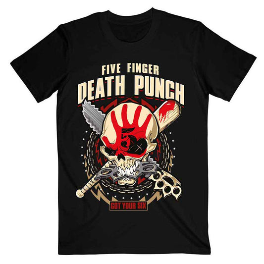 Black t-shirt with a skull, crossed weapons, and "Five Finger Death Punch" text.