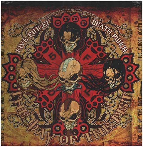 Vinyl album cover featuring four skulls arranged around a central red brass knuckle design.