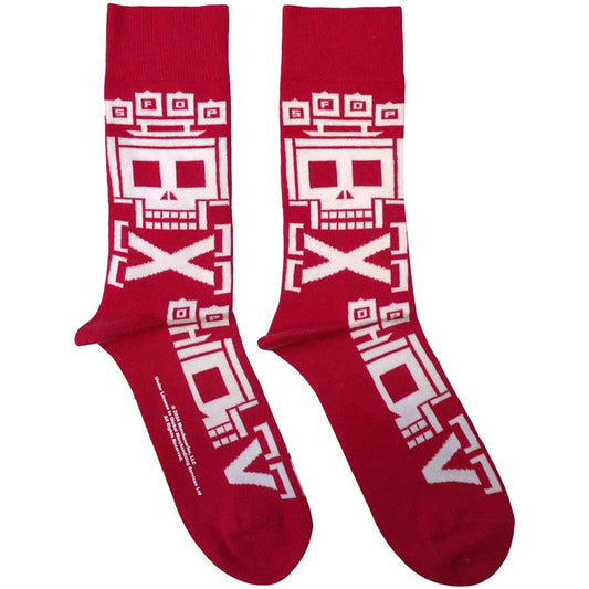 Ankle socks with repeating pixelated skull designs, Five Finger Death Punch branding.