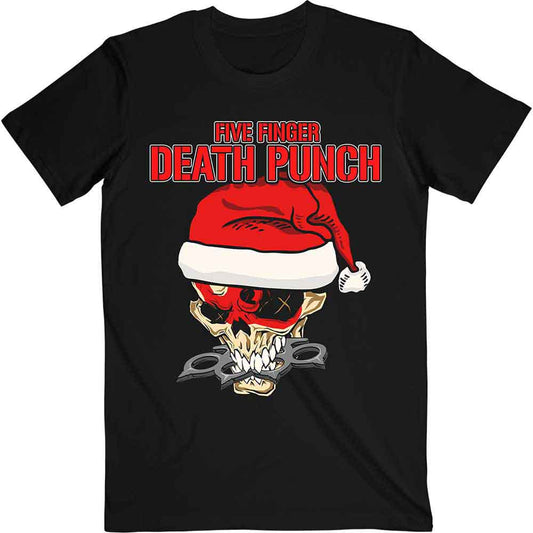 Black t-shirt with a cartoon Santa Claus making a fist, Five Finger Death Punch logo.