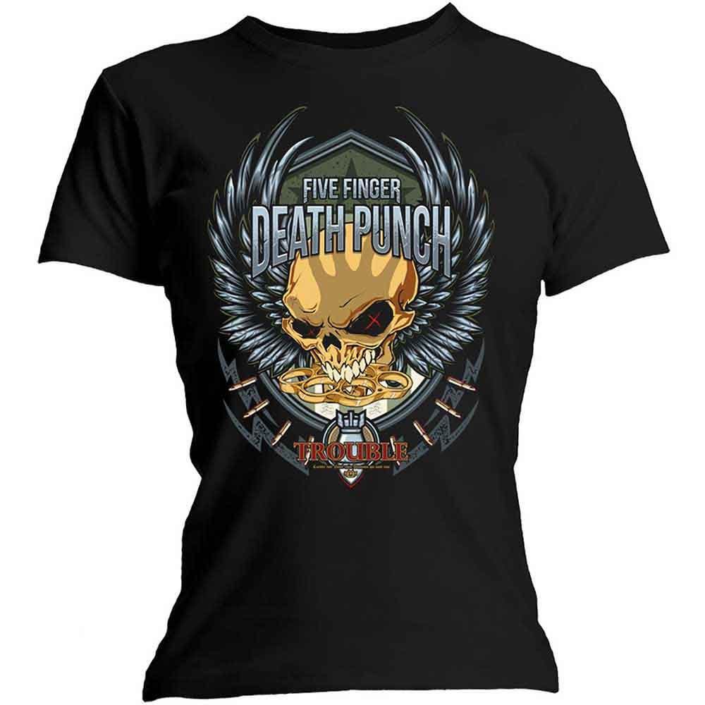 Black women's t-shirt with Five Finger Death Punch "Trouble" design, size XXL.