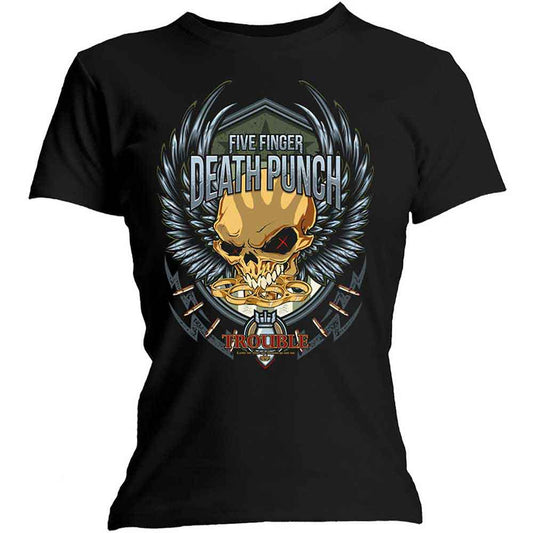 Black women's t-shirt with Five Finger Death Punch "Trouble" design, size XXL.