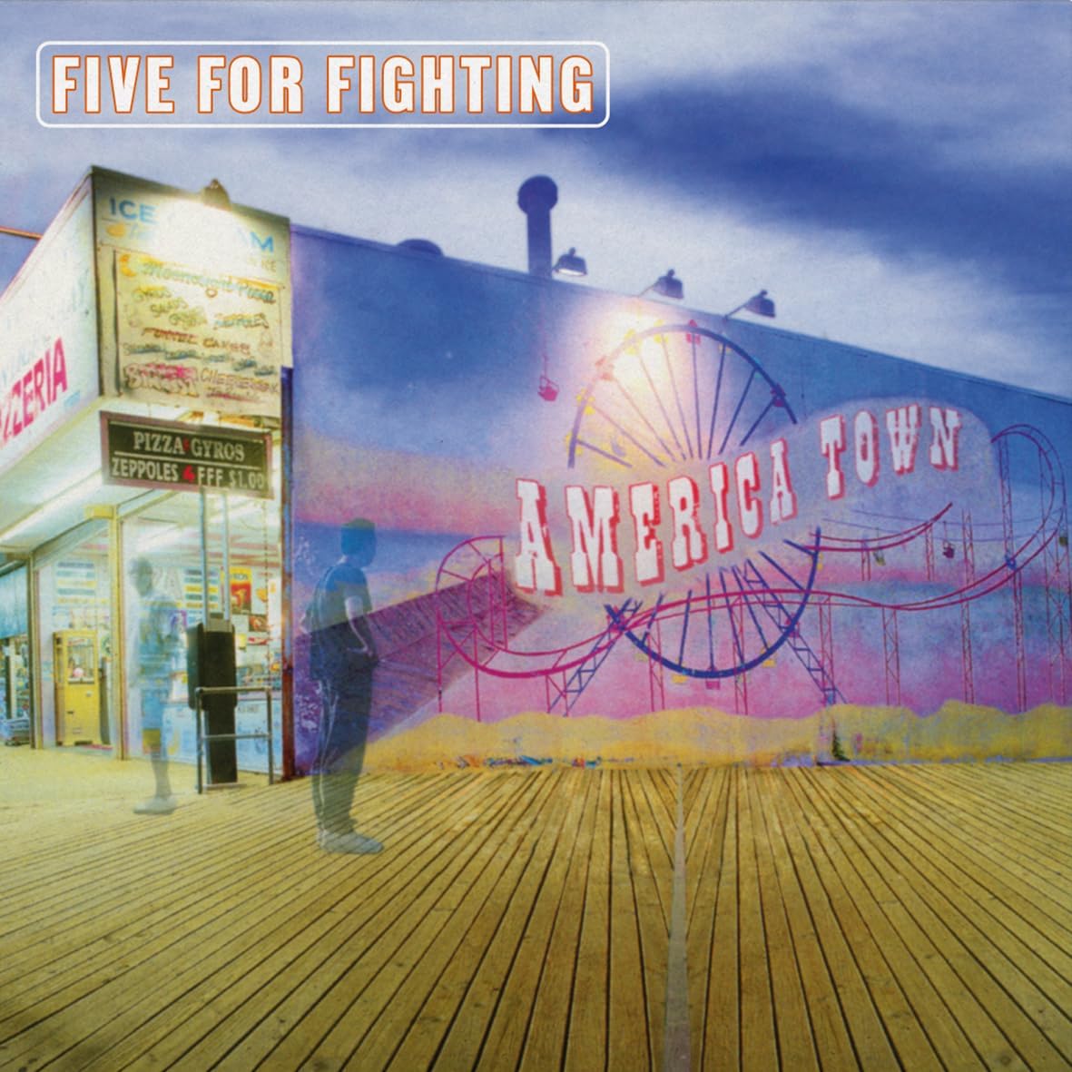 Album cover for Five For Fighting’s “America Town” with a boardwalk scene.