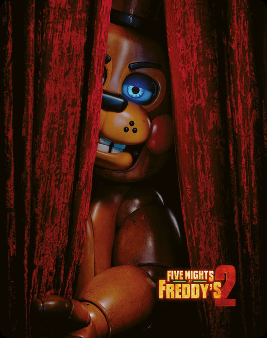 Freddy Fazbear peeks through red curtains, "Five Nights at Freddy's 2" logo.