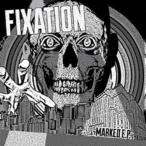 Black and white album cover with skull, hand, and city illustration.