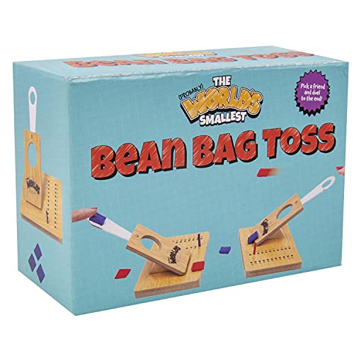 Product box for a miniature beanbag toss game featuring two wooden launchers and targets.