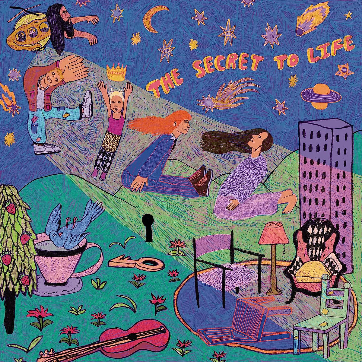 "Colorful illustration of album cover with people, objects, and celestial elements in whimsical scene."