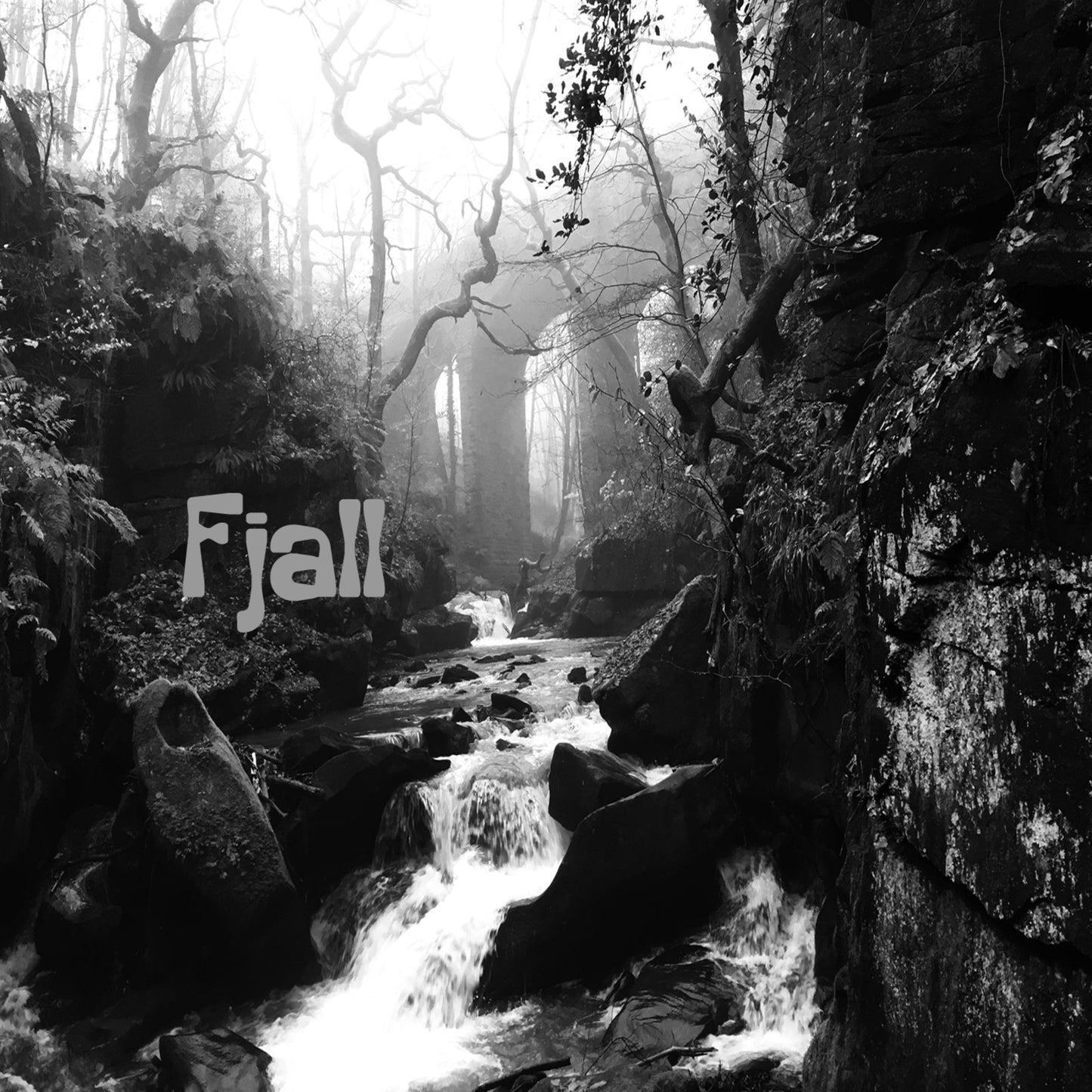 Black and white landscape of a rocky, misty forest and waterfall.