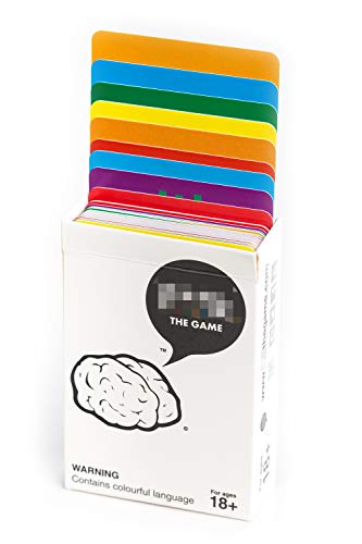 Colorful card game box with a brain illustration and warning label.