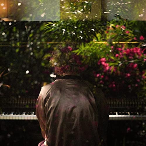 Person’s back at a piano, surrounded by blurred pink and green foliage.