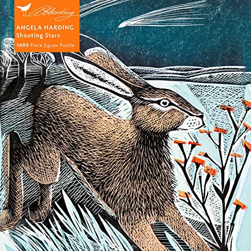 Linocut-style puzzle box featuring a hare gazing at shooting stars.