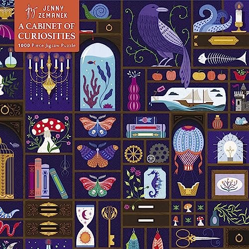 A 1000-piece jigsaw puzzle featuring a dark cabinet filled with whimsical, eclectic curiosities.