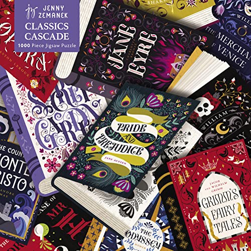 Jigsaw puzzle box depicting a cascade of illustrated classic book covers.
