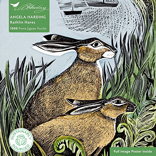 Two hares depicted in a woodcut style jigsaw puzzle box.