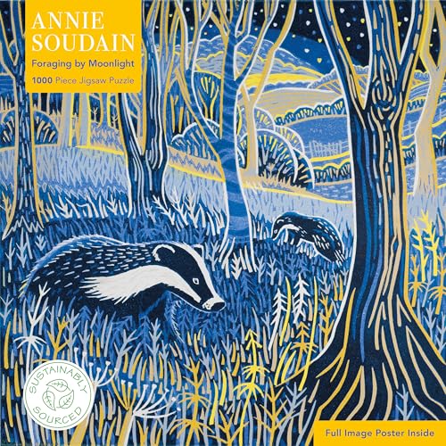 Stylized print of two badgers in a blue and yellow moonlit forest landscape.