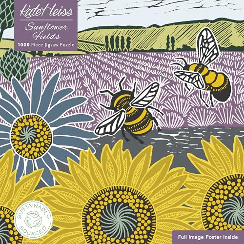 Jigsaw puzzle box depicting sunflowers, bees, and a field landscape.