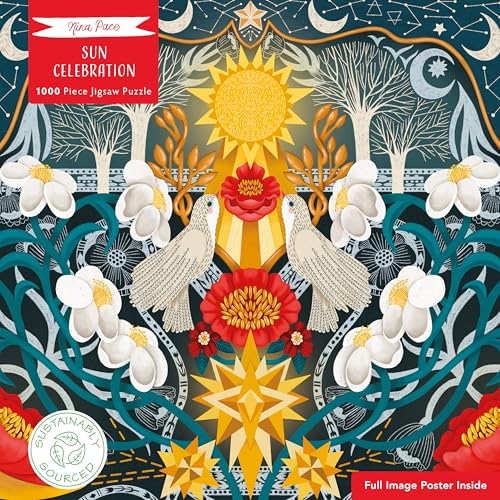 Jigsaw puzzle box depicting a sun, doves, flowers, and celestial motifs.