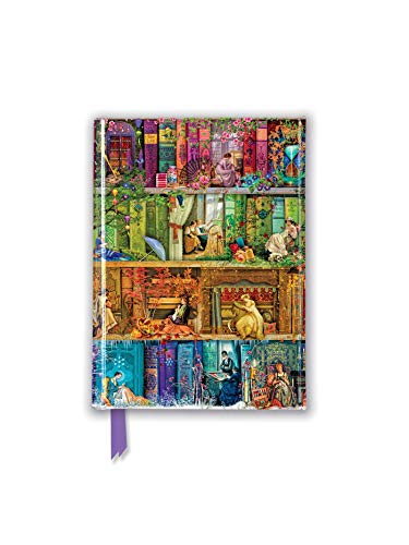 Small, foiled journal with a colorful, detailed bookshelf illustration.