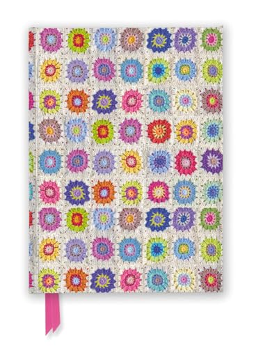 Journal cover with a colorful, repeating pattern of crocheted granny squares.