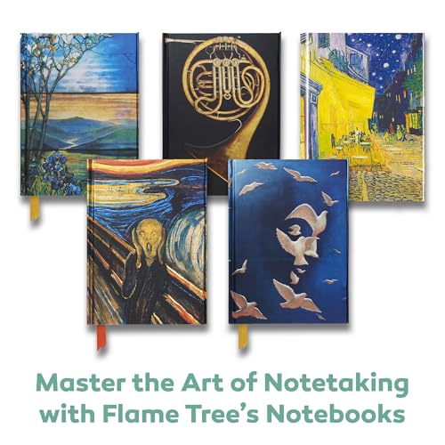 Five art-covered notebooks featuring famous paintings, arranged against a white background.