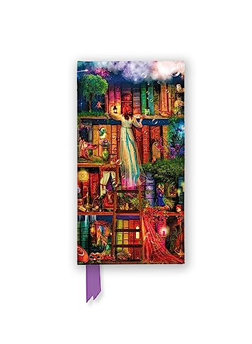 Tall, slim journal with illustrated bookshelves and a woman with a lantern.