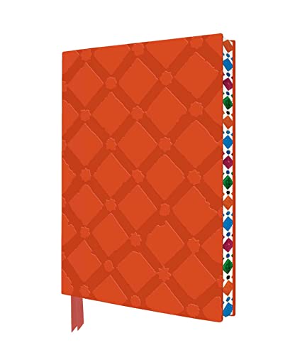 Orange notebook with diamond pattern and colorful patterned edge.