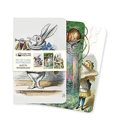 Three Alice in Wonderland themed mini notebooks featuring classic illustrations held by a paper band.