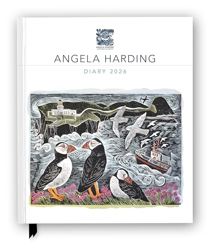 Hardcover diary with Angela Harding illustration of puffins, a lighthouse, and a boat.