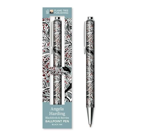 Blackbirds and berries patterned pen in packaging, silver accents, black ink.