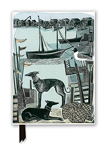 Linocut-style illustration of two whippets in a harbor with boats and a seagull.