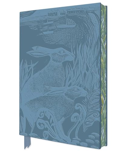 Blue sketchbook cover featuring two hares in a landscape with a coastal scene above.