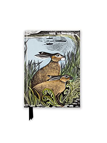 A notebook cover featuring two hares in tall grass with boats on water behind.