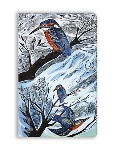 Linocut style illustration of three kingfishers perched on and flying near dark winter branches.