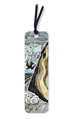 Bookmark with black and white coastal illustration and two figures.