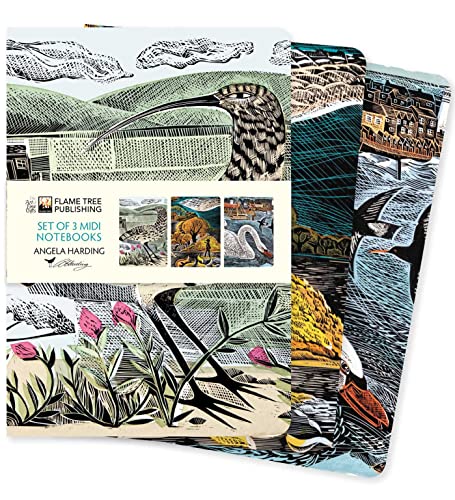 Three midi notebooks featuring Angela Harding wildlife illustrations of birds and landscapes.