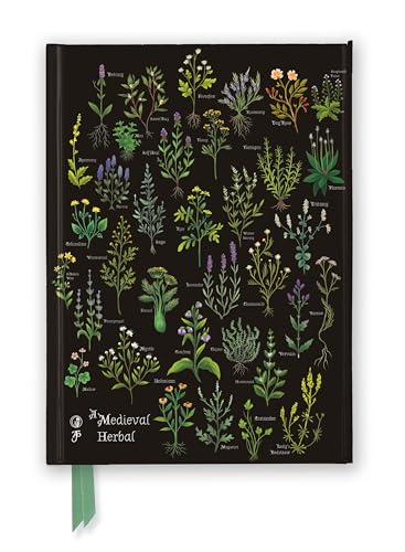 A black journal cover featuring various illustrated medieval herbs with labels and a green ribbon.