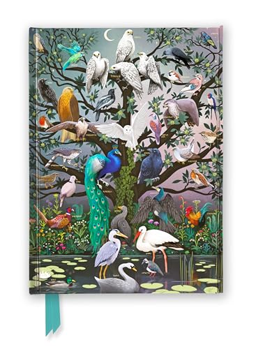 Foiled journal cover depicting many colorful birds in a tree.