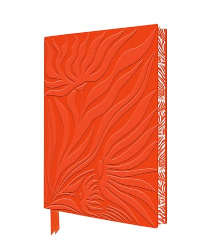 Red Art Nouveau notebook with embossed floral design and patterned spine.
