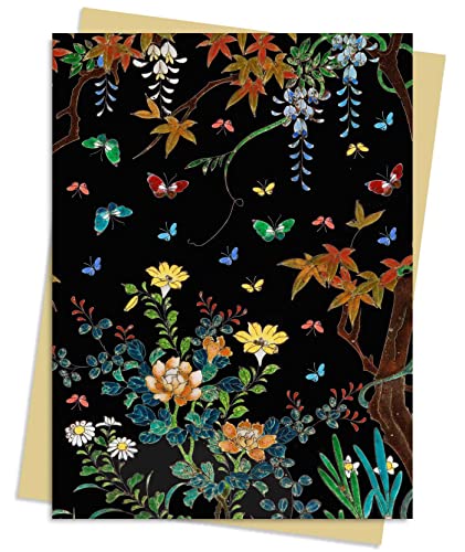 Cloisonné casket design with colorful flowers, butterflies, and black background.