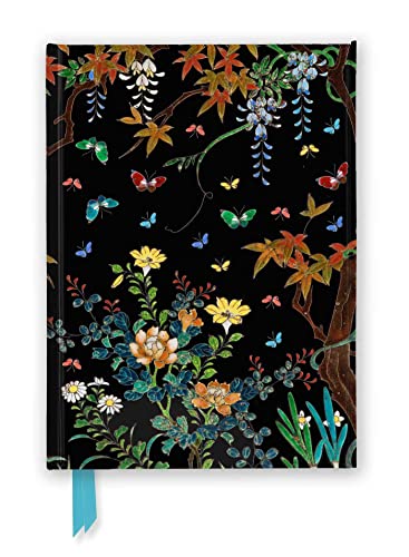 Black notebook cover with colorful cloisonné flowers and butterflies design.