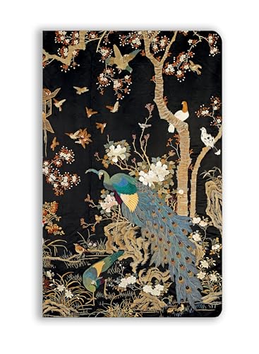 Journal cover depicting a detailed, dark embroidered scene with peacocks and birds.