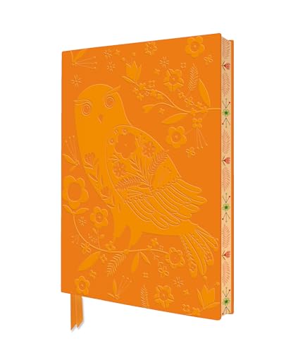 Orange notebook with embossed owl and floral design, ribbon bookmark.