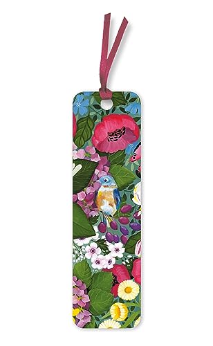 Floral bookmark with a small blue bird illustration, red ribbon tie.
