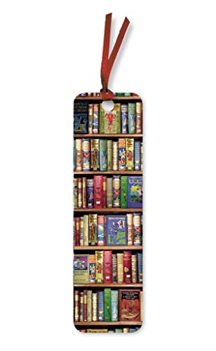 Bookmark depicting a bookshelf filled with colorful, vintage books.